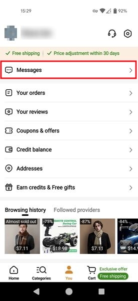 Checking your messages in the Temu app. 