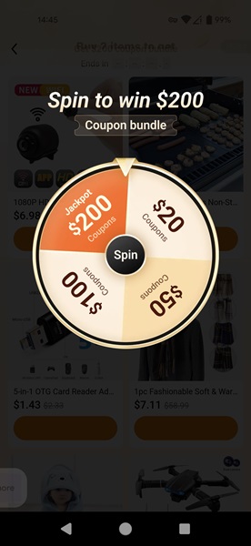 Spinning the wheel for free coupon on Temu app.
