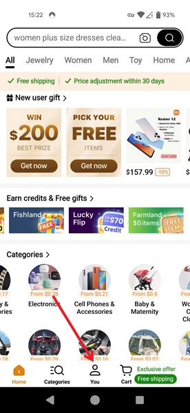 Tapping on the "You" tab in Temu app. 