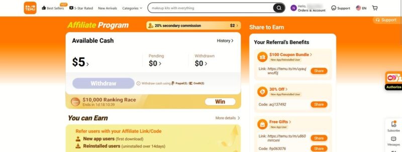Temu affiliate program page on the web.