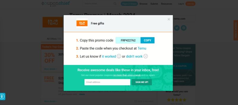 Using a coupon in Temu via third-party site.