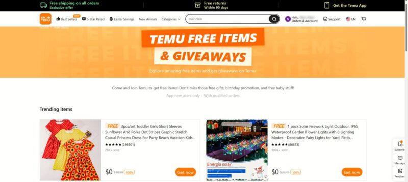 Free items page on Temu website.