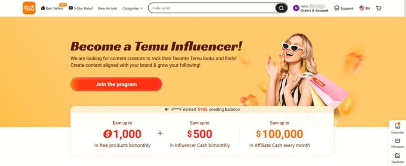 Signing up for the Temu Influencer program on the web.