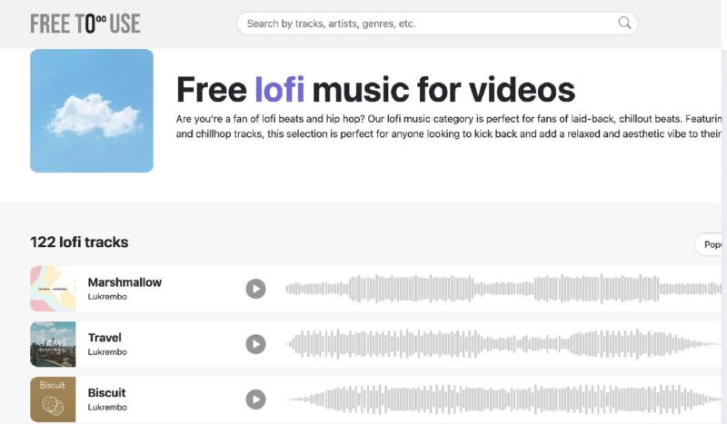 Screenshot of FreeToUse website showing royalty-free music