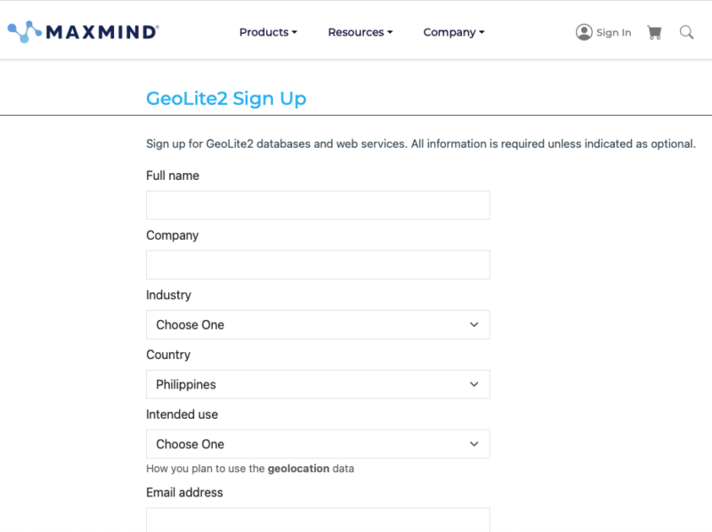 A screenshot showing the sign up page for the GeoLite license.