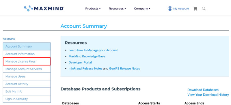 A screenshot highlighting the "Manage License Keys" menu item on the dashboard left sidebar.
