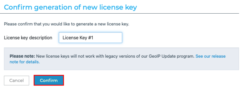 A screenshot highlighting the "Confirm" button on the License Key enrollment prompt.