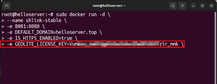A terminal showing the Geolite License for the demo Shlink server.