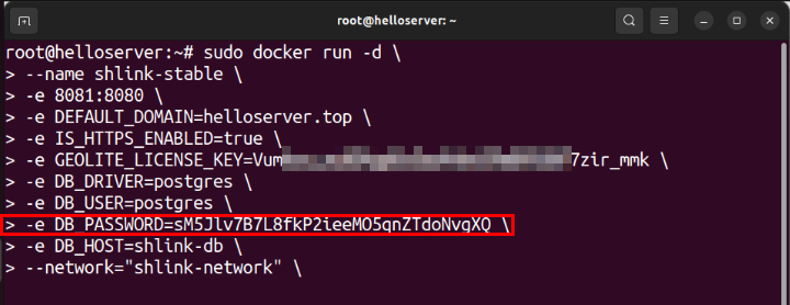 A terminal showing the PostegreSQL DB password for the demo server.