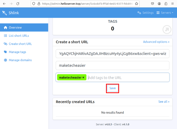 A screenshot showing the form for creating a short link in Shlink.