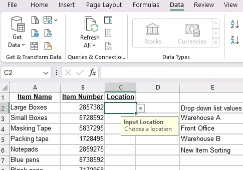 Final drop-down list in Excel.