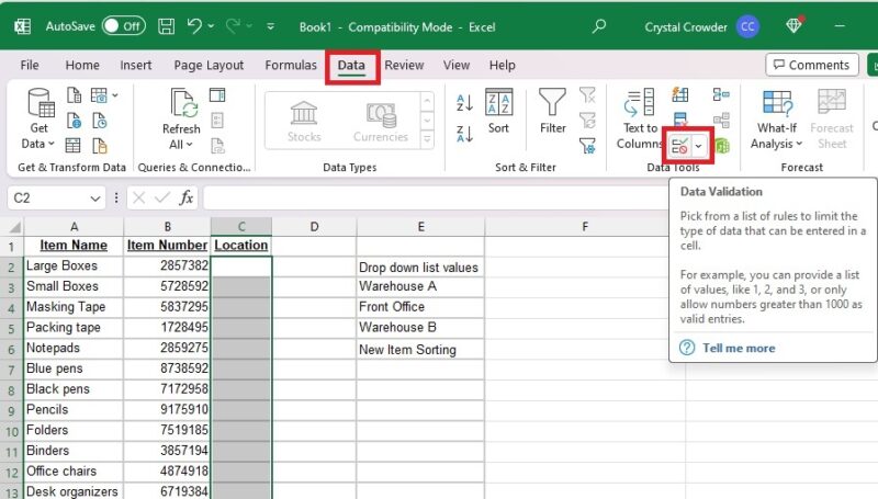 Selecting Data Validation from the Data menu in Excel.