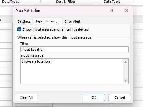 Entering a message to guide users in Excel.