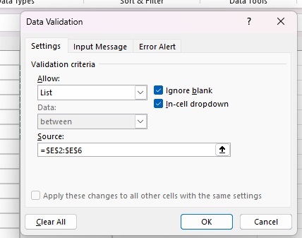 Selecting values for the drop down list in Excel.