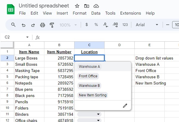 Drop-down list in action in Google Sheets.