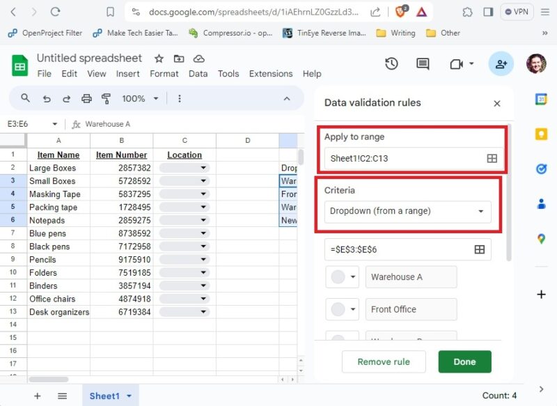 Creating data validation rules in Google Sheets.