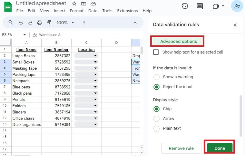 Select warnings from advanced options in Google Sheets.