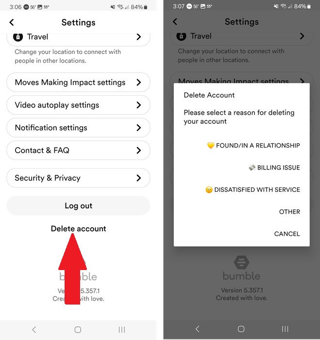 Choosing a reason to delete your Bumble account.