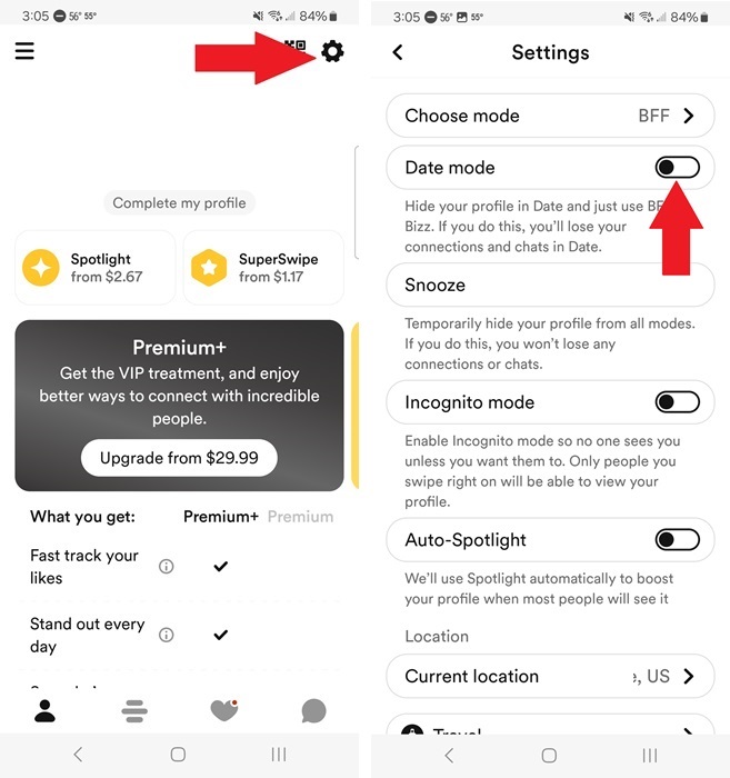 Turning off Date mode in Bumble.