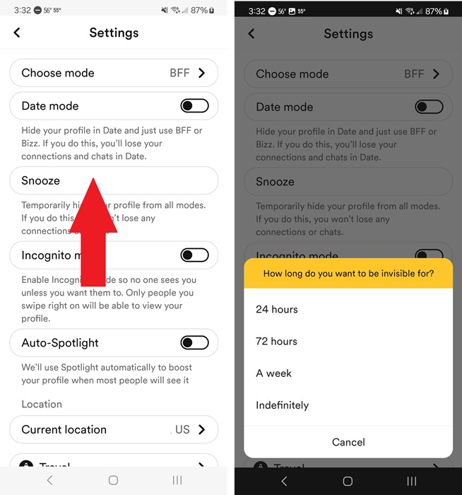 Snoozing a Bumble account.