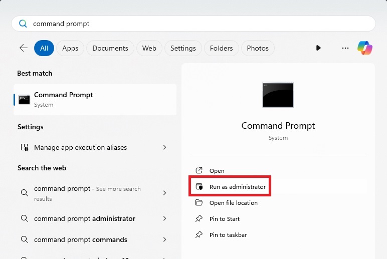 Selecting command prompt with administrative options.