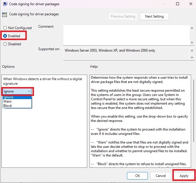 Enable the option to ignore unsigned driver warnings in Windows.