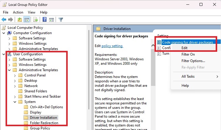 Editing the code signing details in Group Policy Editor.