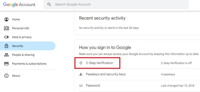 Selecting 2-step verification in your Google account.