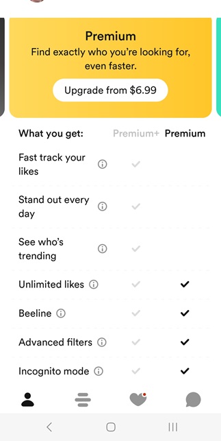 List of Bumble Premium features inside the app.
