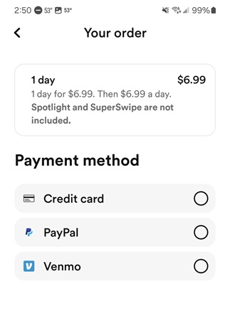 Paying for a single day of Premium in Bumble.