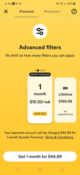 Bumble Premium plans listed inside the app.