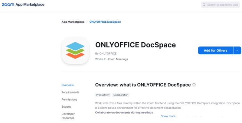 Onlyoffice Docspace For Zoom App Download page