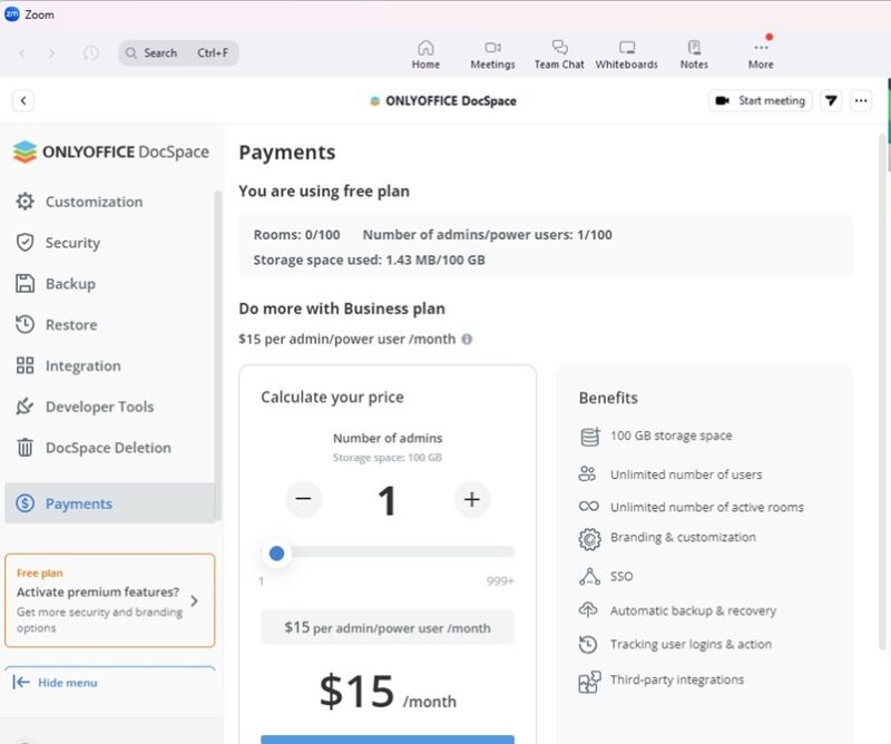 Cost and benefits of ONLYOFFICE DocSpace for Zoom app.
