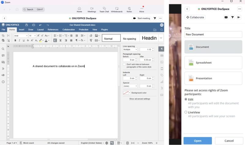Creating a new shared document in Zoom.