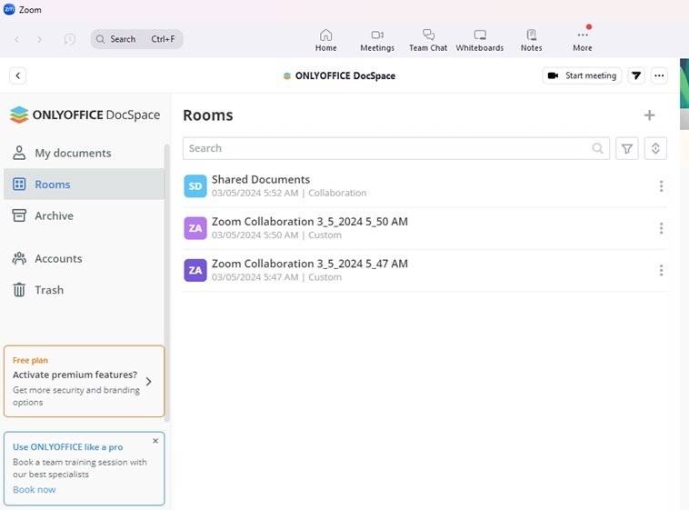 A list of ONLYOFFICE DocSpace rooms after a Zoom meeting.