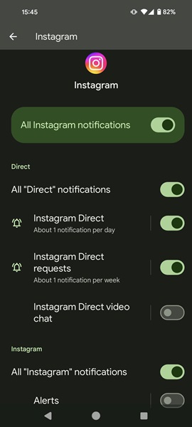 Viewing all types of different notifications for Instagram app. 