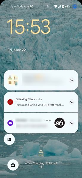 Notifications view on Android lock screen.