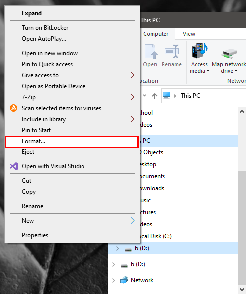 A screenshot highlighting the "Format..." option in Windows.