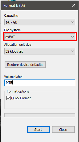 A screenshot highlighting the ExFAT filesystem in the disk format prompt in Windows.