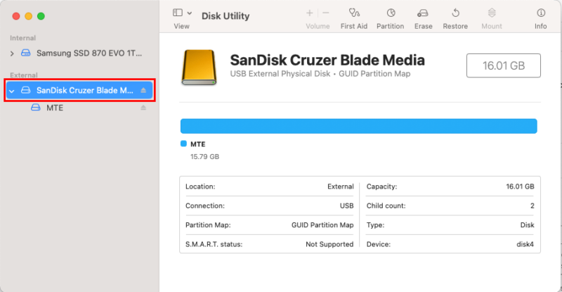 A screenshot highlighting the external physical disk in MacOS' Disk Utility.