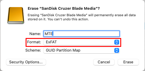 A screenshot highlighting the filesystem format in MacOS.