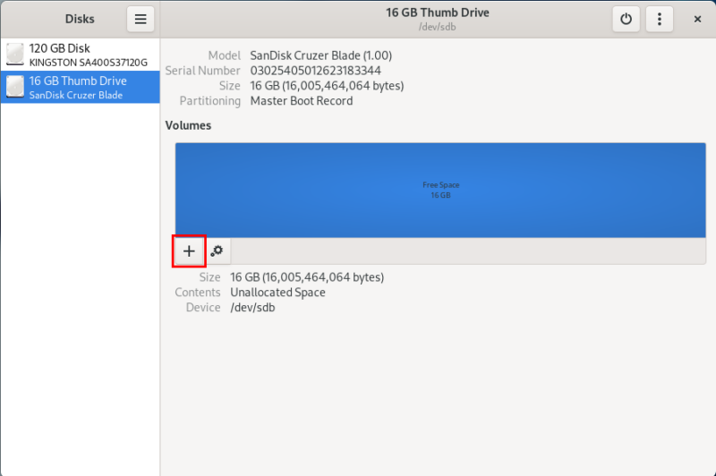 A screenshot highlighting the "+" button on the Gnome Disks utility.
