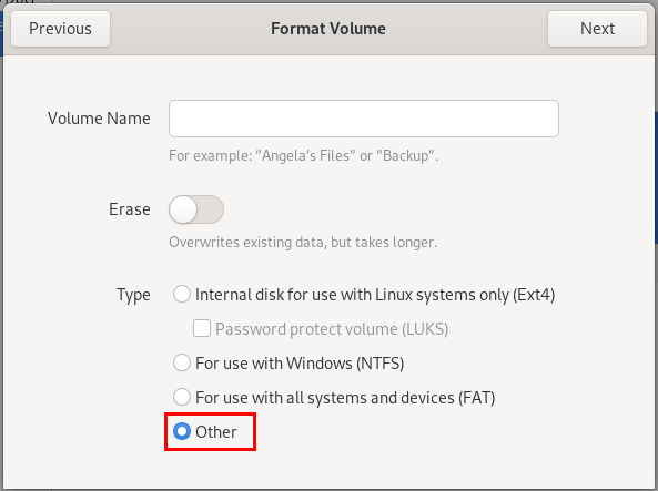 A screenshot highlighting the "Other" option in the Gnome Disks utility.