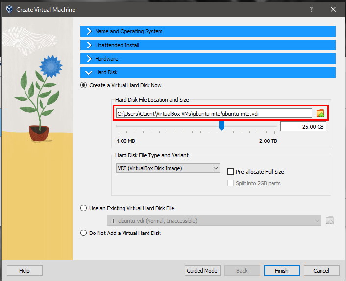 A screenshot highlighting the default location for the VDI file.
