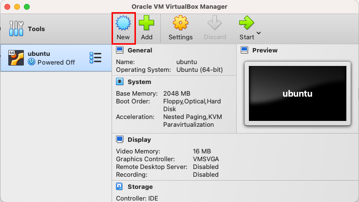 A screenshot highlighting the "New" button on VirtualBox for MacOS.