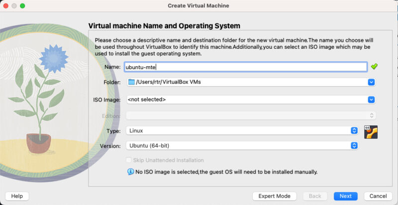 A screenshot showing the default VM creation screen in VirtualBox for MacOS.