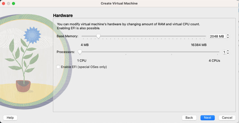 A screenshot showing the default system resources allotted for Ubuntu in VirtualBox.