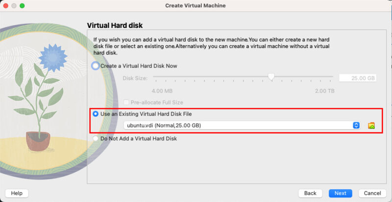 A screenshot highlighting the option to select a custom VDI disk to load for the new VM.
