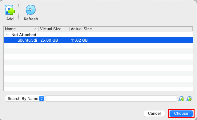 A screenshot highlighting the "Choose" button on VirtualBox's default VDI list.