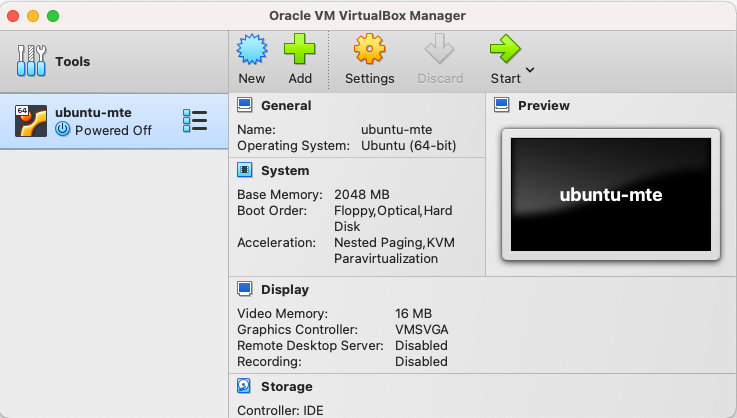 A screenshot showing the active VM using an external VDI disk.